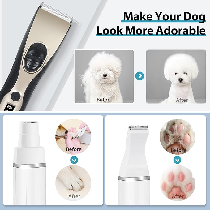 FERRISA 3 in 1 Dog Grooming Kit, Low Noise Rechargeable Dog Clippers for Grooming, Nail Trimmers for Small Dogs, Cordless Small Pet Grooming Clippers for Paws, Eyes, Ears, Face, Rump