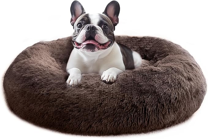 JOLLYVOGUE Calming Dog & Cat Bed for Small Dogs, Anti-Anxiety Donut Cuddler Cozy Soft Round Bed with Anti-Slip Bottom, Fluffy Faux Fur Plush Cushion Beds for Small Medium Pets (20")