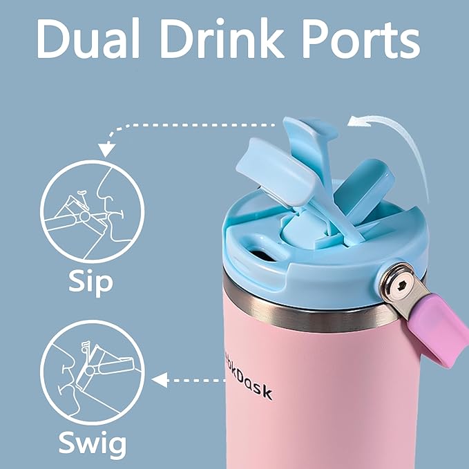 Insulated Stainless Steel Bottle with 2-in-1 Straw and Spout Lid Water Bottle Keep Cold 24H, Leak-Proof, Fits in Car Cup Holder, Travel, and School （Black）