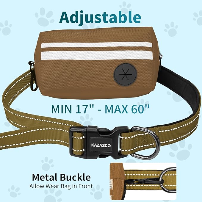Hands Free Dog Leash with Removable Zipper Pouch, Dual Padded Handles and Durable Bungee for Walking, Jogging and Running-Brown