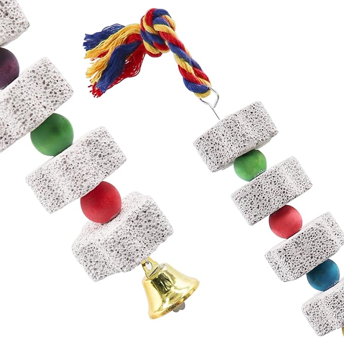 2 Pack Bird Beak Grinding Stone with Apple Scent, Large Parrot Chewing Calcium Stone Toy with Bells, Bird Cage Accessories, Suitable for Cockatiel Parakeet Parrot Budgies Rat Hamster Chinchilla Rabbit