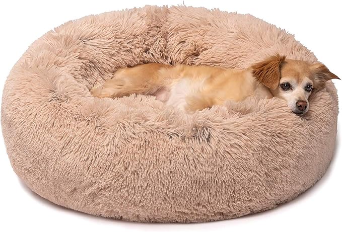 Friends Forever Donut Dog Bed Faux Fur Fluffy Calming Sofa For Small Dogs, Soft & Plush Anti Anxiety Pet Couch For Dogs, Machine Washable Coco Pet Bed with Non-Slip Bottom, 23"x23"x6" Tan