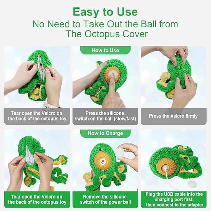 Interactive Dog Toys Octopus,Durable Automatic Jumping Dog Toy to Keep Them Busy,Squeaky Moving Tug of War Doggie Toy,USB Rechargeable Puppy Toys (Green)
