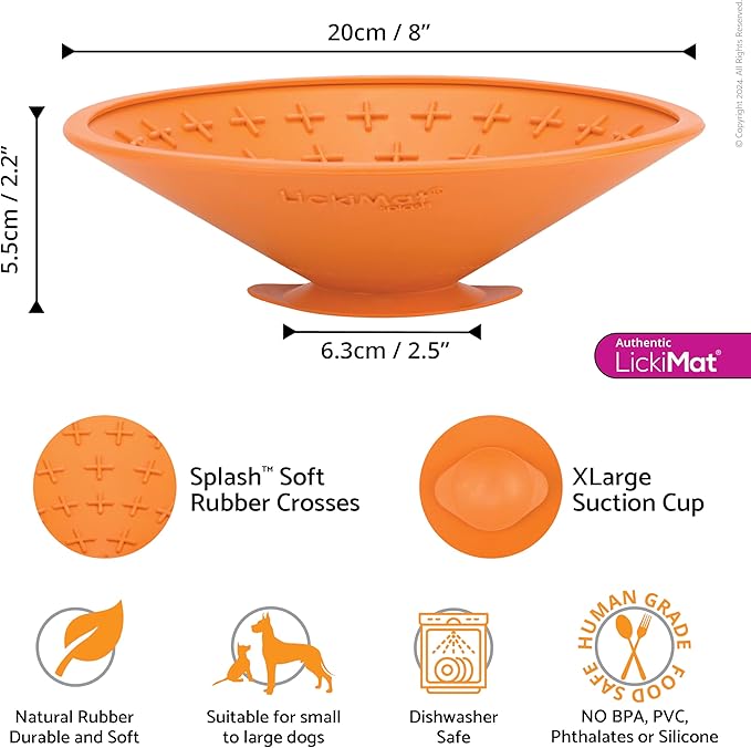 LICKIMAT Splash, Dog Slow Feeder Bowl Lick Mat, Boredom Anxiety Reducer, Sticks to Smooth Surface; Perfect for Food, Treats, Yogurt, or Peanut Butter. Fun Alternative to a Slow Feed Dog Bowl, Orange