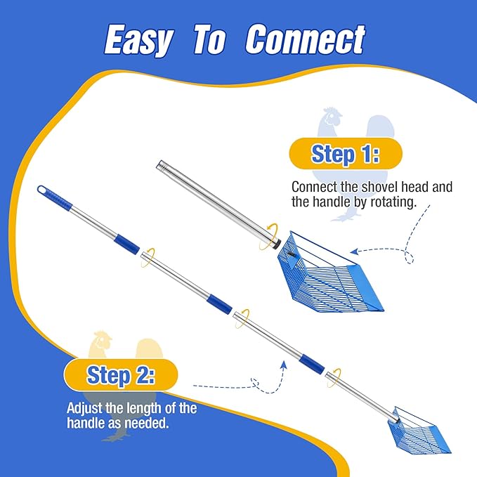 Large Chicken Poop Scooper, Heavy Duty Chicken Coop Scoop for Sand, 35" to 64" Adjustable Stainless Steel Handle, Multifunctional Sifting Shovel for Chicken Coop/Goat Stall/Stable Cleaning
