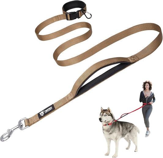 TSPRO Hands Free Dog Leash for Medium to Large Dogs, Adjustable Durable Leash with Comfortable Safety Padded Handle, Heavy Duty Metal Clasp for Walking, Running, Training (Khaki)