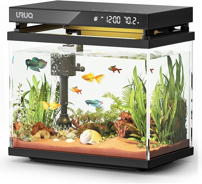Fish Tank Smart Aquarium Kit: 2 Gallon UHD Glass Silent Water Pump Self Cleaning Multi-layer Filtration System - Temperature Sensing 7-color Lighting for Small Fish Betta Kids Room Desktop Decor Black