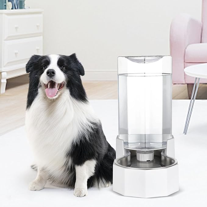 Sfozstra Large Dog Water Dispenser: 8L Automatic White Water Feeder with Stainless Steel Bowl - Without Filter - Gravity Design for Multiple Pets Indoor/Outdoor