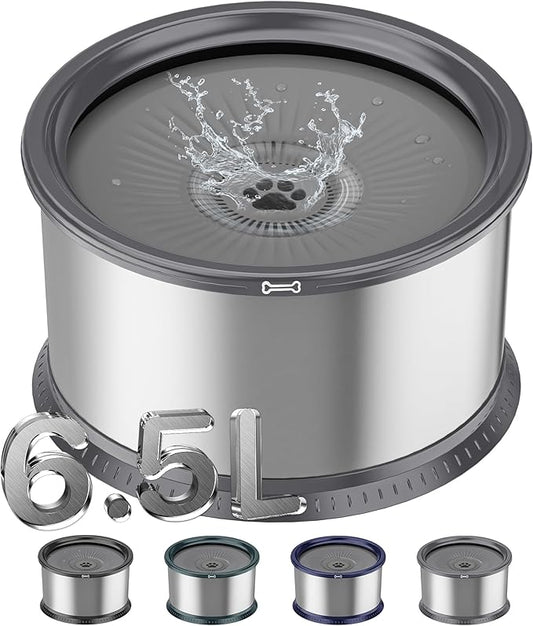 1.6 Gallon Dog Water Bowl, 6.5L/220oz Stainless Steel No Spill Water Bowl for Large Dogs, Super Large Capacity Splash Proof Pet Slow Drinking Water Bowl with Anti-Slip Mat for Mess Drinkers