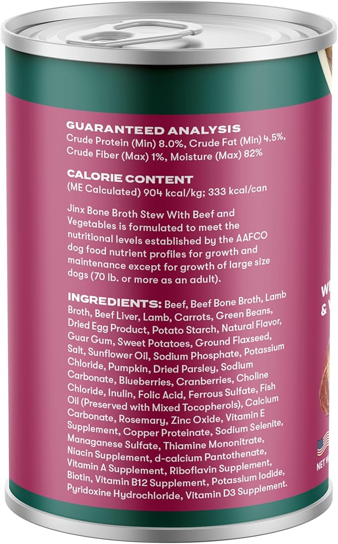 Jinx Bone Broth Stew for Dogs - Beef & Vegetables Recipe - Grain-Free Wet Dog Food & Topper for Picky Eaters - Promotes Lean Muscle Growth, A Healthy Coat & Improved Digestion - 13 Oz, 12 Pack