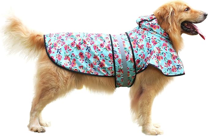 HDE Dog Raincoat Jacket Reflective Adjustable Hooded Pet Poncho Rain Coat with Leash Hole for Small to X-Large Dogs Turquoise - L
