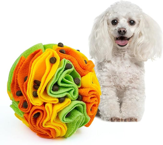 Pet Snuffle Ball, Puzzle Sniffing Interactive Dog Ball for Blind Dogs Training Stress Relief Dog Enrichment Toys Treat Machine Washable (15cm, Yellow Orange Green)