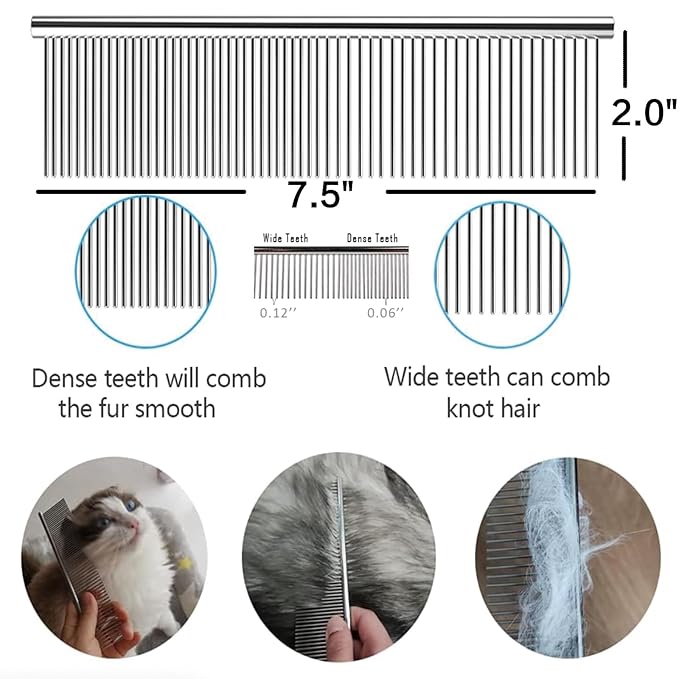 YOFANG Dog & Cat Comb – Pet Detangling Comb for Removes Tangles, Knots, and Matted Fur – Grooming Tool With Stainless Steel Teeth and Rubber Bath Brush for Long Short and Curly Haired Pet