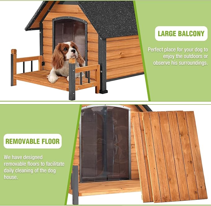 GUTINNEEN Dog House Outdoor with Anti-Bite Metal Frame, Dog Kennel with Porch and Weatherproof Roof for Small, Medium, Large Breeds, Puppy Home Indoor (Brown, 45’’ Medium)