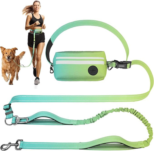 Hands Free Dog Leash with Removable Zipper Pouch, Dual Padded Handles and Durable Bungee for Walking, Jogging and Running-Cyan