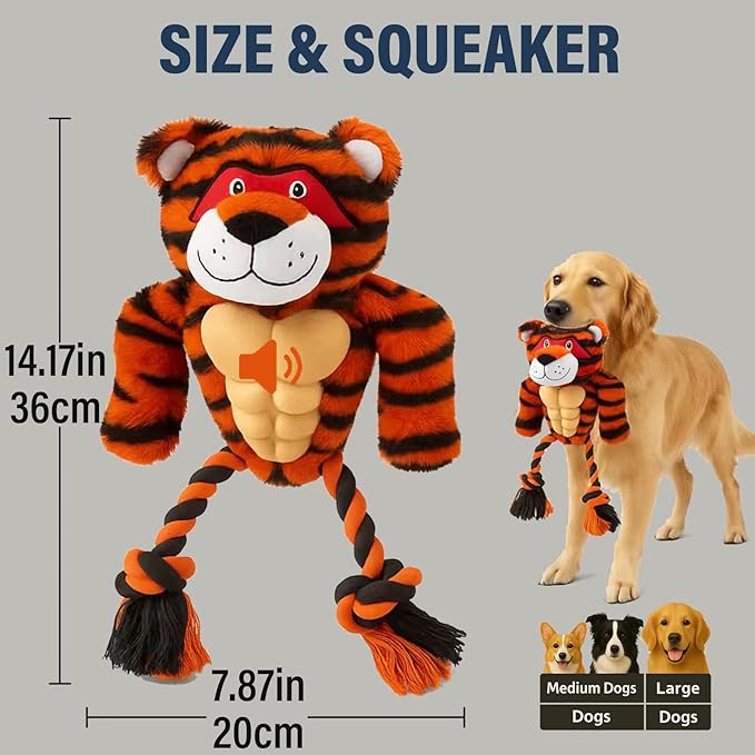 Durable Rope & Plush Dog Toy for Aggressive Chewers – Muscle Tiger Squeaky Tug Toy for Medium & Large Dogs, Interactive Chew & Play