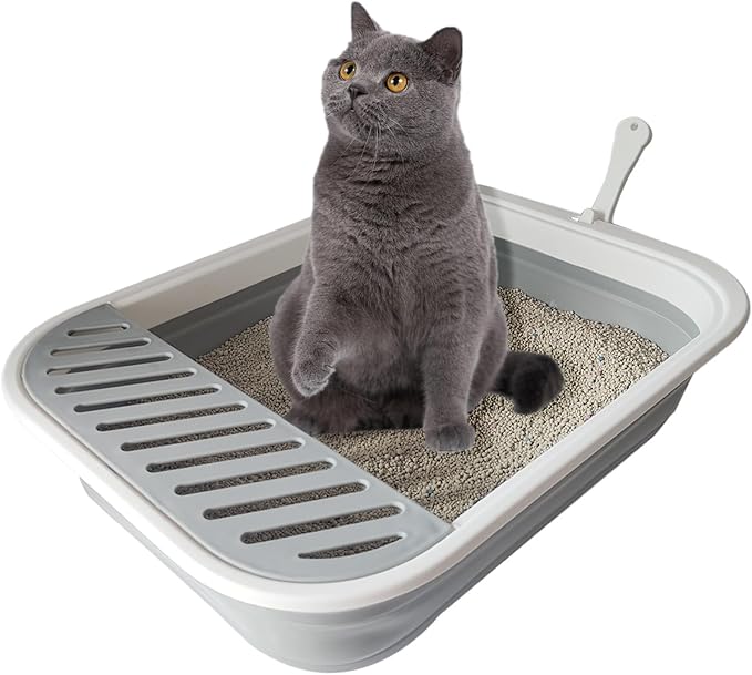 Senior Cat Litter Boxes, Collapsible Open Low Entry Cat Litter Pan with Scoop Travel Kitten Potty Foldable Pet Toilet for Sick Disabled Older Elderly Cats Grey 20.9x15.7x5.7 inch