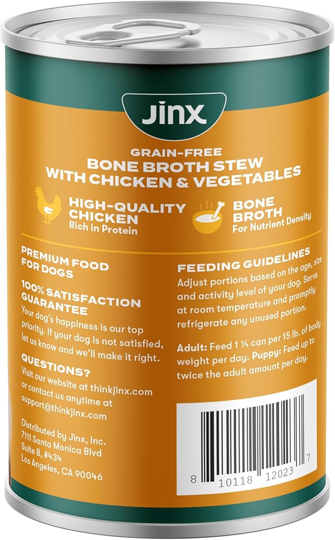 Jinx Bone Broth Stew for Dogs - Chicken & Vegetables Recipe - Grain-Free Wet Dog Food & Topper for Picky Eaters - Promotes Lean Muscle Growth, A Healthy Coat & Improved Digestion - 13 Oz, 12 Pack