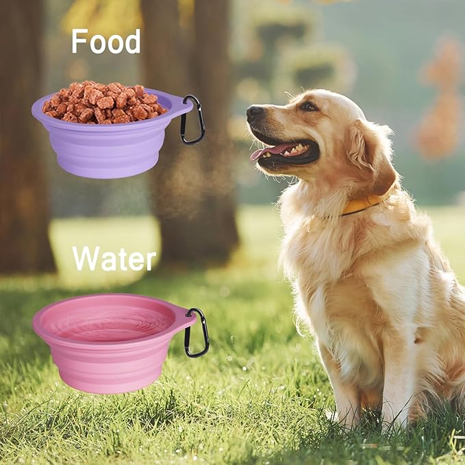 PetBonus 2-Pack Large Silicone Collapsible Dog Bowls, 34oz/1000ml BPA Free Portable Foldable Travel Bowl for Pet Cat, Food Water Feeding Dish for Camping with 2 Carabiners (Purple, Pink)