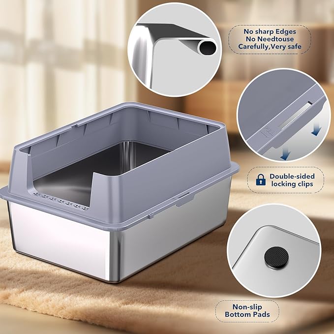 Stainless Steel Litter Box , 28"L*20"W*12"H XXL Extra Large Litter Boxes with lid ,Metal Litter Box with Hight Sides for Big Cats& Multiple Cats,Never Absorbs Odors, Anti-Urine Leakage, Easy Cleaning