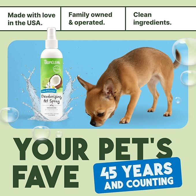 TropiClean Dog Perfume, Long Lasting Lime & Coconut Cologne, Deodorizing Spray for Smelly Dogs, After Bath Detangling Spray with Vitamin E, Safe for Cats, 8oz.