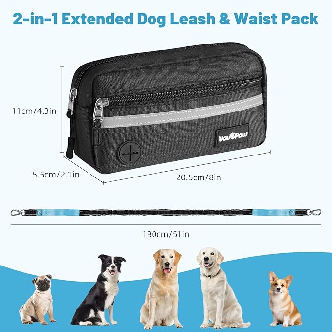 Hands Free Dog Leash, Shock Absorbing Waist Leash for Dog Walking, Jogging, Hiking, Adjustable Waist Belt with Fanny Pack & Handle, Reflective Pet Running Belt for Small, Medium, Large Dogs