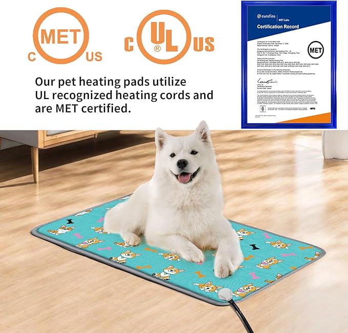 Large Pet Heating Pad (30x47in) Temperature Adjustable Dog Cat Heating Pad with Timer, Waterproof Heated Cat Bed Mat with Chew Resistant Cord