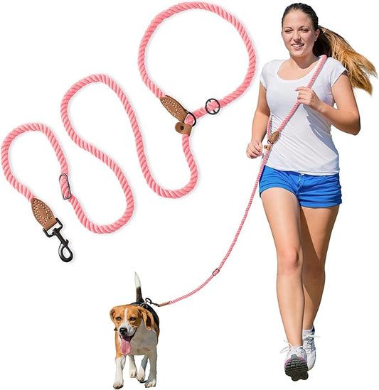 Mile High Life Hands Free Dog Leash, Crossbody Waist Leash with Genuine Leather Connection, Multifunctional Adjustable Slip Lead for Dog Walking Running (Coral Red, 7FT)