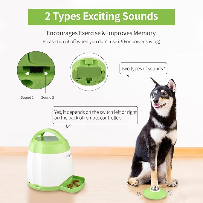 PETGEEK Dog Treat Dispenser with Button, Automatic Dog Feeder with Remote Control and Dual Power Supply, Dogs Puzzle Toys and Interactive Pet Stimulation Toys for Indoor or Outdoor Play(Green)