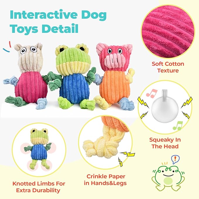 3pcs Dog Squeaky Toys, Plush Stuffed Puppy Chew Toy for Extended Play, Interactive Toys Great Gifts for Small Medium Large Chewer Dogs, Pet Toy Bulk to Keep Them Busy(Forg&Hippo&Pig)