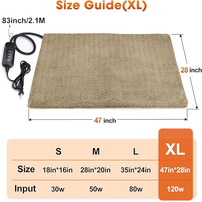 GASUR Heated Dog Bed, Waterproof Electric Dog Cat Heating Pad with Timer, Temperature Adjustable Heated Cat Bed for Winter, Auto Power-Off, Anti-bite Heating Pad for Dogs Cats-47''x28'', XLarge