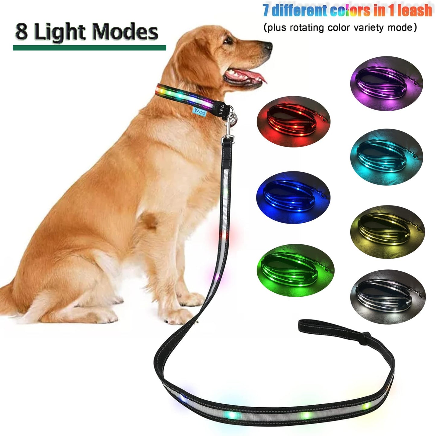 USB Rechargeable LED Dog Leash - 7 Colors & Color Cycling Mode, Light Up Dog Leash for Night Walking, Heavy Duty Padded Handle, 6FT for Small Medium Large Dogs