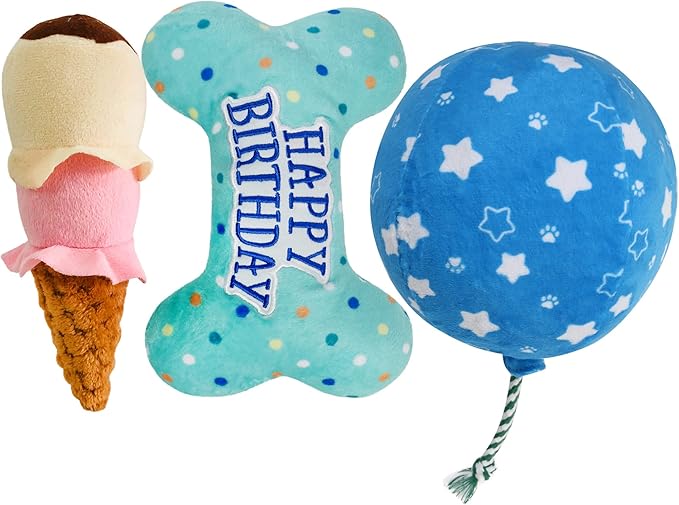Prime Pets Dog Birthday Toys, 3 Pack, Crinkle Squeaky Dog Toys Set, Pet Toys for Small Medium Large Dogs, Stuffed Puppy Chew Toys, Dog Gift Toys