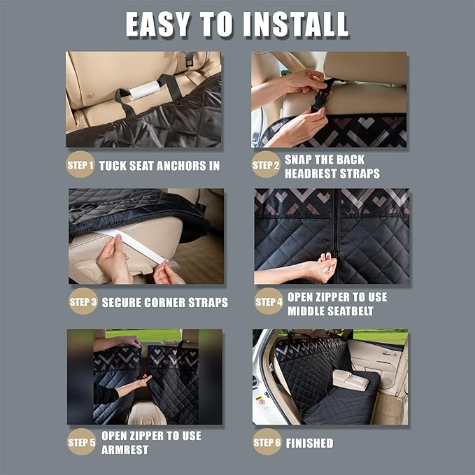 Back Car Seat Cover for Dogs, Nonslip Waterproof Dog Car Seat Protector for Rear Bench Stays Securely in Place Fits for Vehicles & SUVs (Black)