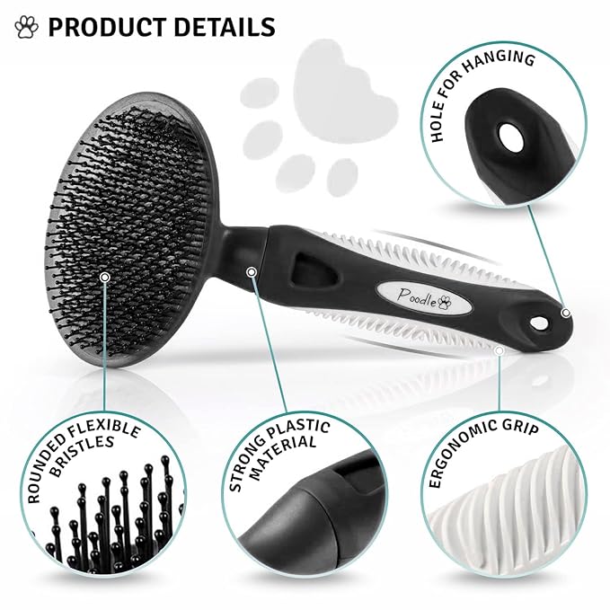 Round Bristle Pet Brush for Dogs and Cats - Soft Dog Brush for Grooming Short or Long Hair - Gentle Tool for Sensitive Skin Removes Dander, Dirt, and Detangles (Black)