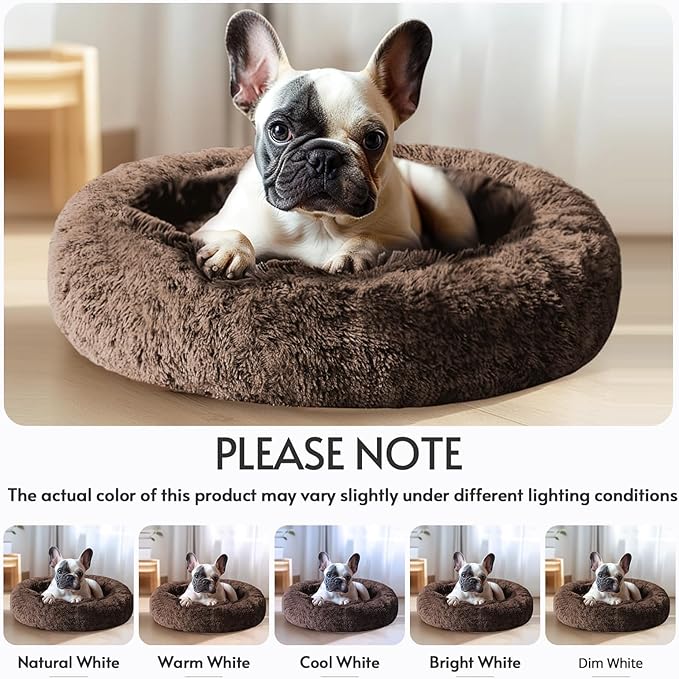 JOLLYVOGUE Calming Dog & Cat Bed for Large Dogs, Anti-Anxiety Donut Cuddler Cozy Soft Round Bed with Anti-Slip Bottom, Fluffy Faux Fur Plush Cushion Beds for Medium Dogs (36")