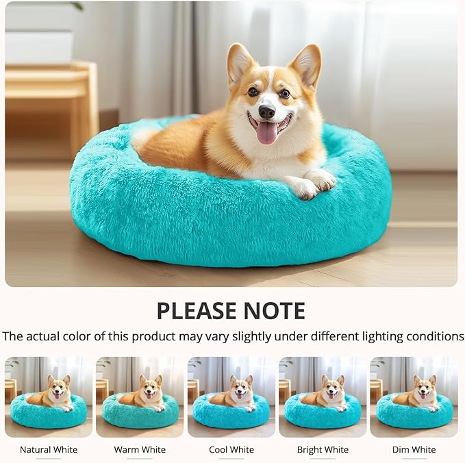 JOLLYVOGUE Calming Dog & Cat Bed for Small Dogs, Anti-Anxiety Donut Cuddler Cozy Soft Round Bed with Anti-Slip Bottom, Fluffy Faux Fur Plush Cushion Beds for Small Medium Dogs (27")