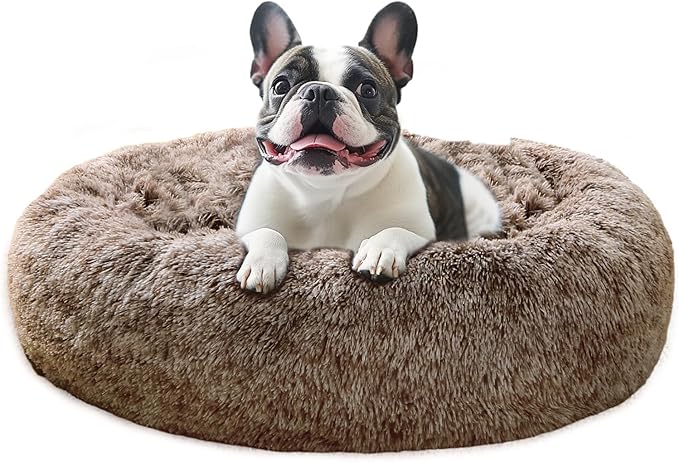 JOLLYVOGUE Medium Calming Dog Bed, Anti-Anxiety Donut Cuddler Cat Bed with Anti-Slip Bottom, Fluffy Faux Fur Machine Washable Pet Cushion for Medium Large Dog & Cat, 31"/Smoke Brown