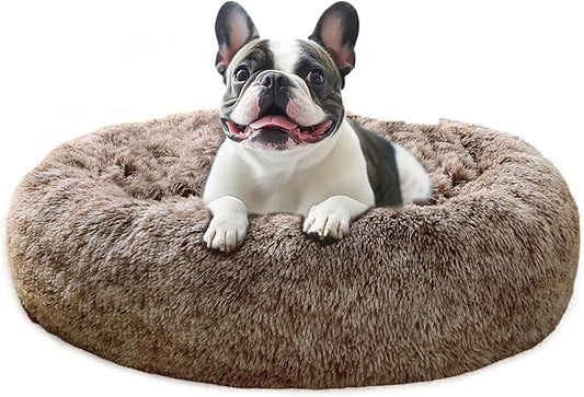 JOLLYVOGUE Medium Calming Dog Bed, Anti-Anxiety Donut Cuddler Cat Bed with Anti-Slip Bottom, Fluffy Faux Fur Machine Washable Pet Cushion for Medium Large Dog & Cat, 31"/Smoke Brown