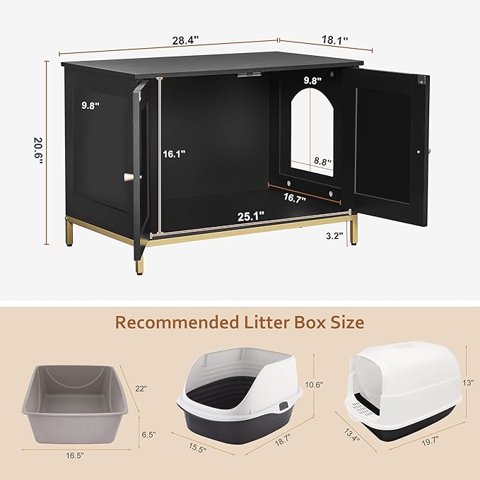 Homhedy Cat Litter Box Enclosure, Cat Washroom Furniture with Metal Frame, Pet House, Fit Most of Litter Box, Modern Style, Black and Gold