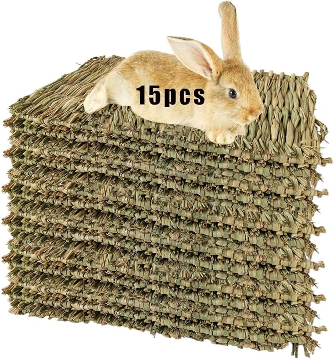Hamiledyi 15 Pack Woven Bed Mat for Rabbits - Grass Mat & Bunny Bedding Nest - Natural Chew Toy Bed for Guinea Pig Chinchilla Squirrel Hamster Cat Dog and Small Animal