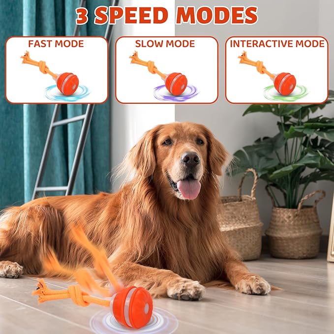 Interactive Dog Ball Random Path Electric Automatic Moving and Rolling Dogs Toy with Rope Dog Squeaky Ball for Large Puppy Dogs for Boredom Relief