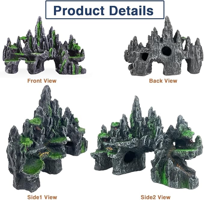 Large Fish Tank Decorations - Aquarium Rock Mountain View Ornament Tree House Cave for Large Glofish Tank - 13 Inches Long