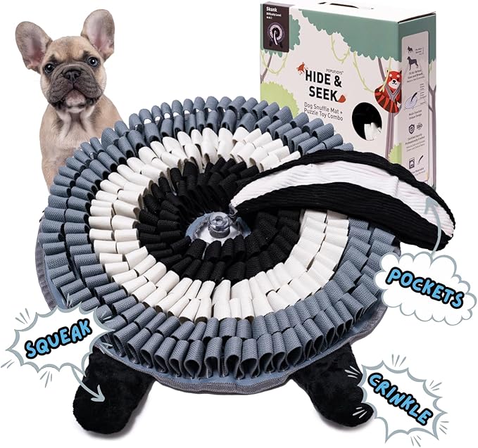 POPUPJOYS Durable Hide & Seek Snuffle Mat for Dogs, 2-in-1 Enrichment Puzzle Toy with Detachable Tail & Squeaker, Adjustable Difficulty Level with Suction, Machine Washable, Gift-Ready (Skunk)