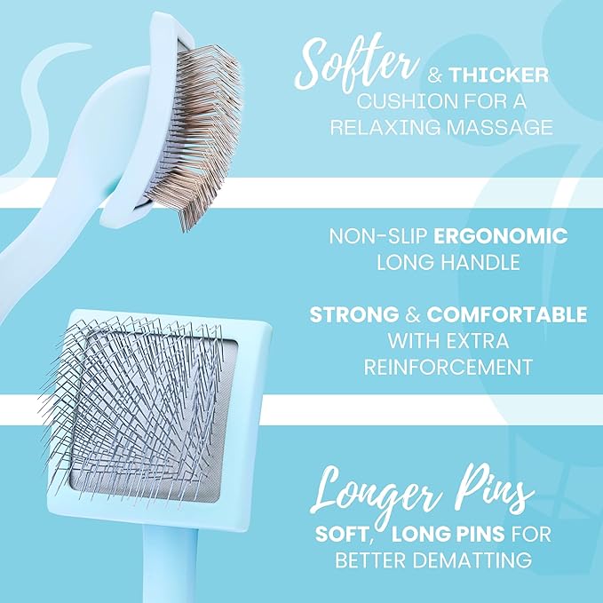 Pet Slicker Brush With Soft Massage Grooming Stainless Steel Pins - For Dematting, Shedding Fur, and Undercoat - Ideal Gift for Professional Pet Groomers - Long Slicker Brush - Flying Pawfect