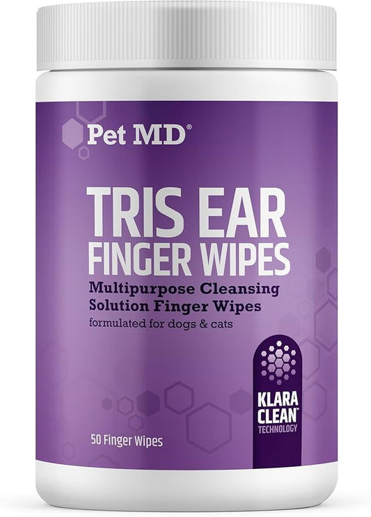 Pet MD Tris Ear Finger Wipes for Dogs & Cats - Multipurpose Cleansing Solution Cat Ear Wipes & Puppy Ear Cleaner - Pet Safe Cleaner to Clean and Remove Debris - 50ct