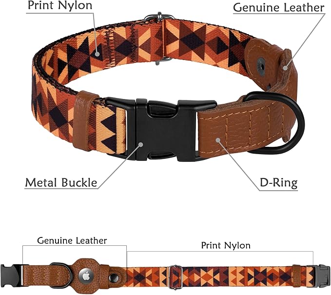 AirTag Dog Collar with Metal Buckle - Soft Leather Printed Nylon Dog Collar with Apple AirTag Holder - Cute Tracking GPS Pet Collars for Girl Boy Small Large Dogs (XS, 9"-12" Neck Fit, Tribal)