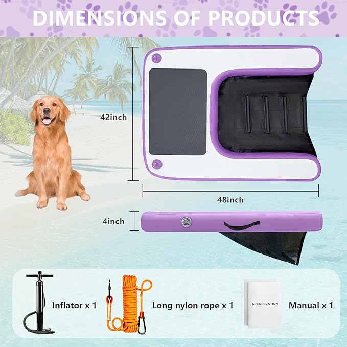 Inflatable Dog Water Ramp, Non-Slip Floating Dock Ladder for Pools, Boats & Lakes, Pool Ramp for Dogs Up to 200 Pounds, Purple