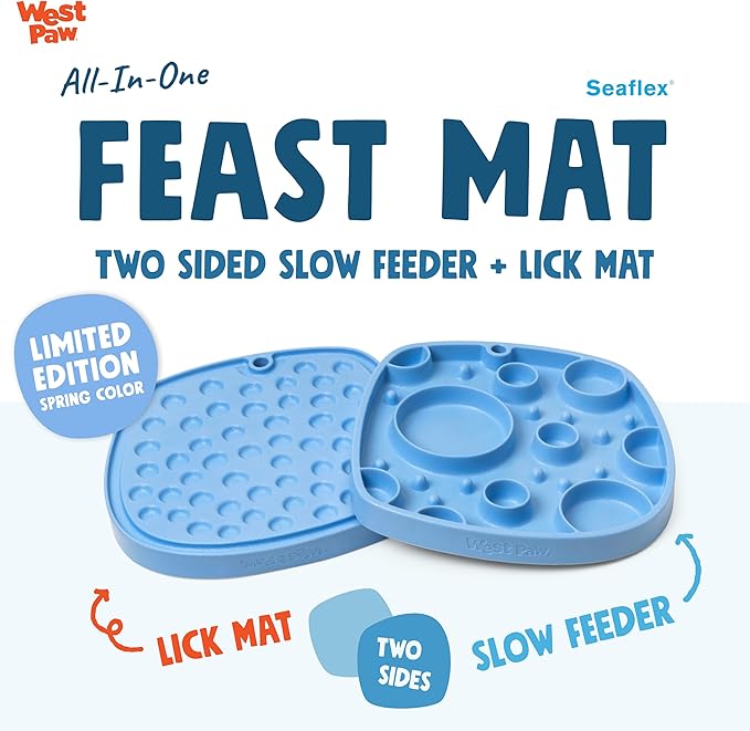 West Paw Seaflex Bubbles Feast Mat – All-in-One, Slow Feeder, Lick Mat – Encourages Foraging & Food Exploration - Engages Picky Eaters & Slow Feeding - Versatile – Easy to Clean, Non-Toxic -Periwinkle