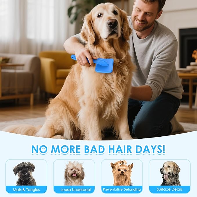 Large Slicker Brush for Dogs - 3PC Pet Grooming Kit - Undercoat Rake & Stainless Comb | Long Pins Remove Mats on Poodles, Golden, Labradoodles | Thick Coat Deshedder for Dogs, Cats, Blue